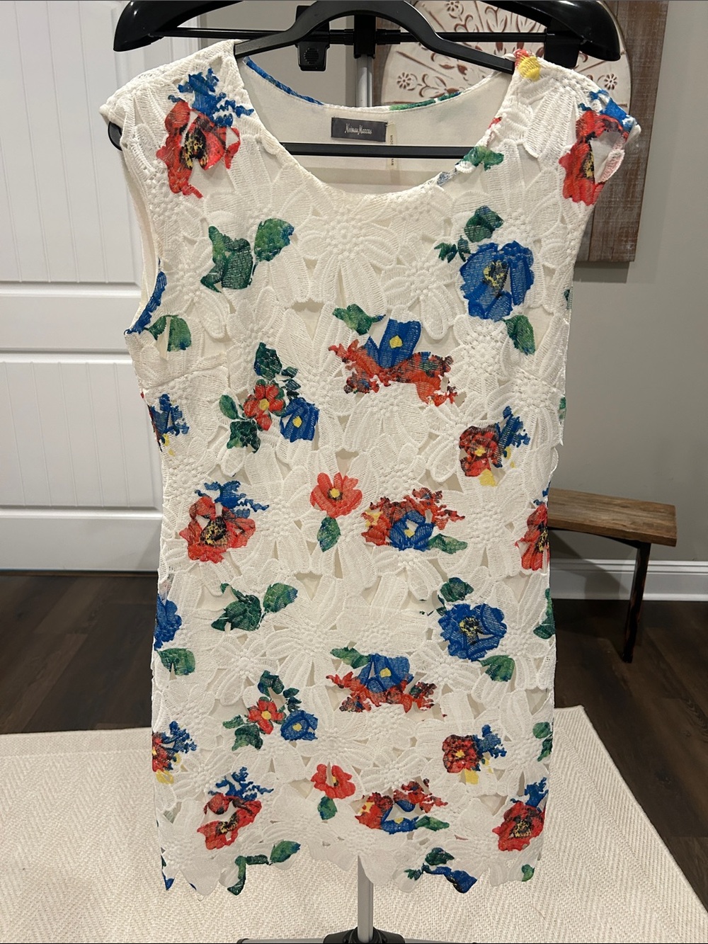 Neiman Marcus White Lace Dress with Blue & Red Floral Print